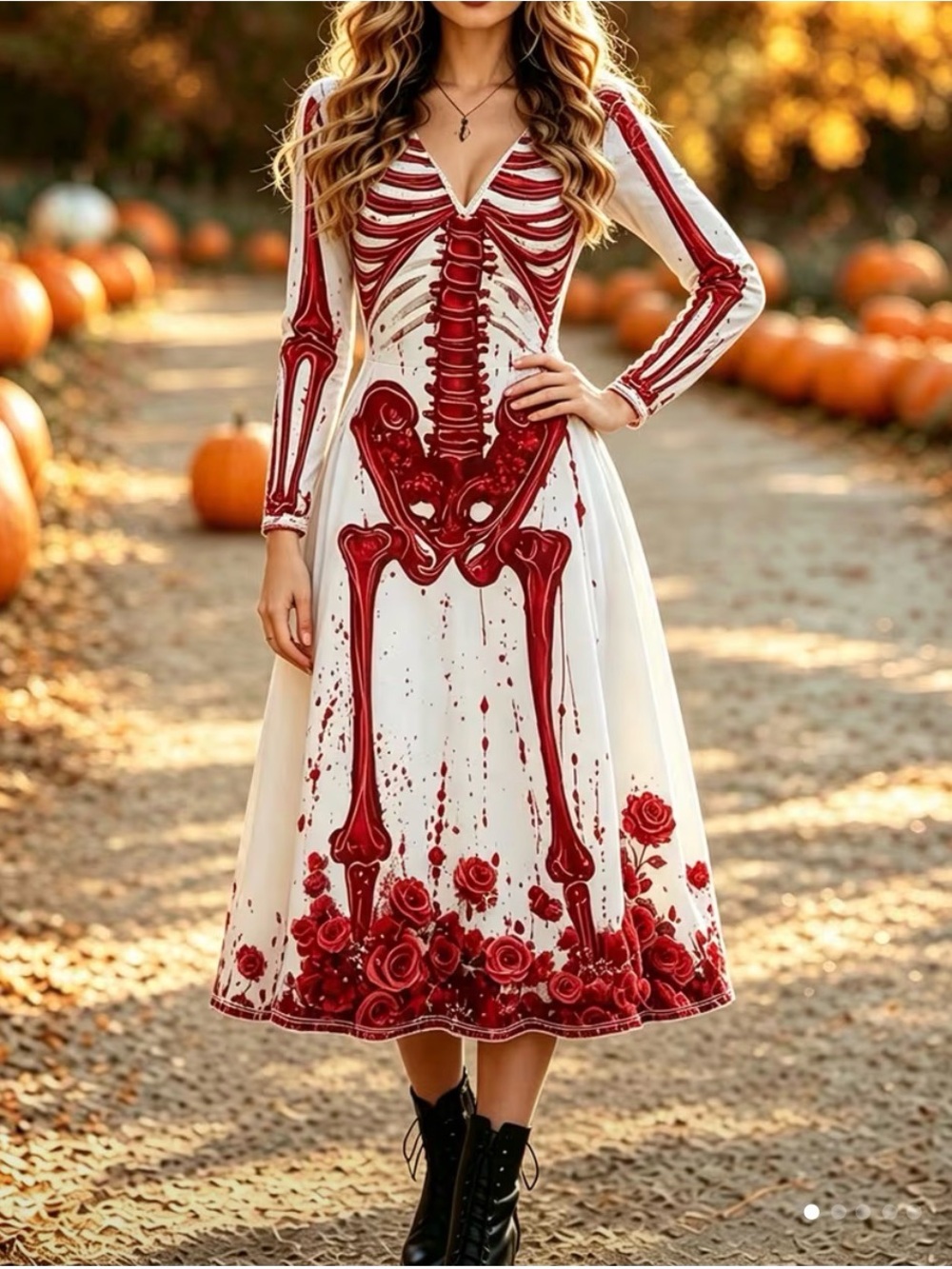 White & Red Skeleton Floral Midi Dress - Women's XL Halloween Dress